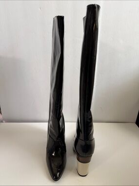 Marni Black Patent Leather Knee-High Boots with Multi-Tonal Stacked Heel